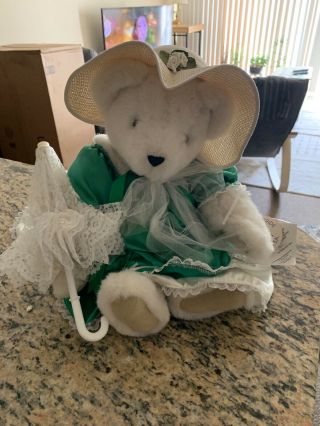 Vermont Teddy Bear Victorian Woman/girl,  White And Green,  With Umbrella