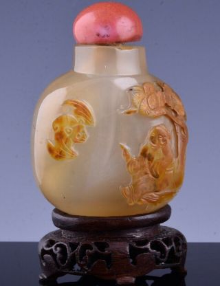19thc Chinese Carved Shadow Agate Stone Scholar Bat Figural Snuff Bottle