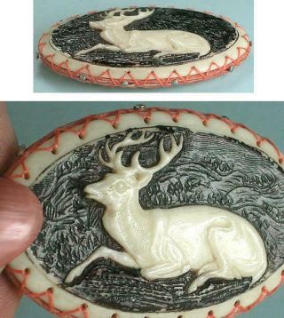 Antique Carved Bone Black Forest Stag Pin Cushion / Disc Germany Circa 1890s 3