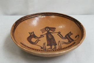 Antique Redware Primitive Rraquel Lady Animals Flower Pottery Bowl