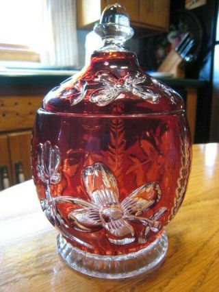 Antique Northwood Glass Eapg Dogwood & Plume Ruby Stained Large Sugar Bowl & Lid