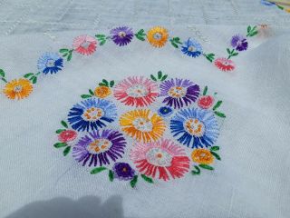 Vintage Floral Hand Embroidered Linen Tablecloth Lovely Bright Colors