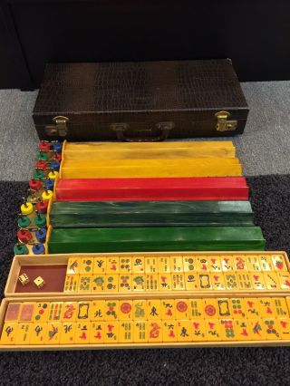 Gorgeous Antique Chinese Mahjong Mah Jong Set 152 Tiles 5x Racks.  Ex
