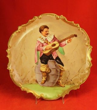 Antique 10 " Limoges Coronet Charger - Artist Signed - Man Playing Guitar