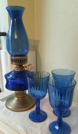Vintage Oil Lamp And Glasses,  Blue