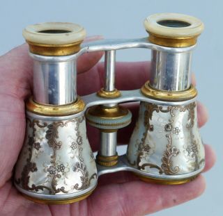 Pair Antique Opera Glasses Mother Of Pearl W Silver Niello Inlay V Cond