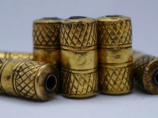 7 Vintage Thai Gilt Large Hole Tube Beads,  29mm,  Over 35 Years Old