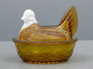 Antique Westmoreland Specialty Hon Milk Glass Head Amber Body Hen Covered Dish