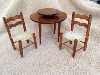 Vintage Dollhouse Miniature 1:12 Scale Table with Lazy Susan and 2 Chairs 4