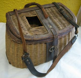 Very Old Larger Wicker And Leather Fishing Creel 15x9x5 "