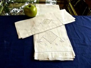2 Antique Irish Huck Linen Bath Show Towels Filet Lace Insert Hand Embroidery