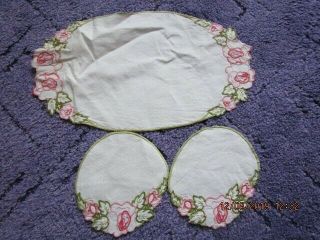 Vintage Floral Hand Embroidered Dressing Table Centres Mats - Set Of 3