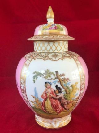 Fine Antique Dresden Helena Wolfsohn Porcelain Hand Painted Lidded Vase.  2