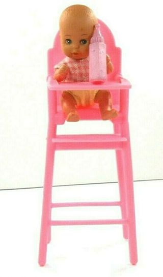 Barbie Size Dollhouse Nursery Baby W/clothes,  1974 Pink Highchair & Bottle