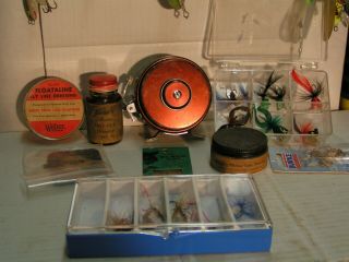 Vintage Fly Fishing Reel And Fiys,  Popers