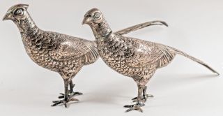Antique Solid Silver Large Pair Pheasant Figures Ornaments C1900