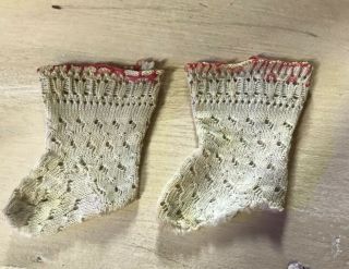 Antique Doll Socks For French Or German Doll Cream Color With Red Stitching