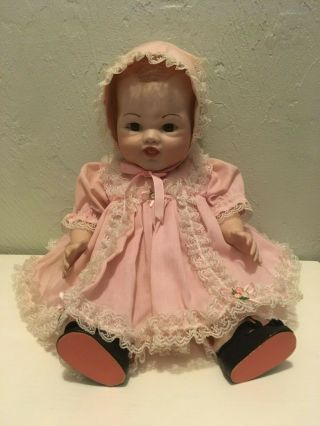 Vintage Porcelain / Bisque Girl Baby Doll W/ Pink Dress & Bonnet Marked Ph84