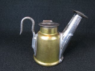 Antique Brass & Tin Miners Oil Wick Teapot Face Cap Lamp J Anton & Son Usa Eagle