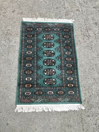 Vintage Late 20th Century Bokhara Deluxe Rug Green Carpet Kilim Tassel Edges