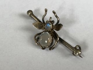 Antique Edwardian 1900’s silver moonstone bug insect brooch pin. 2