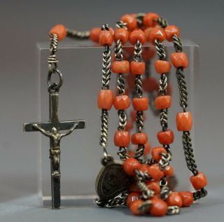 19th.  C Antique Natural Red Ox Blood Coral Beads Sterling Silver Crucifix Rosary