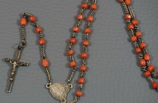 19th.  C Antique Natural Red Ox Blood Coral Beads Sterling Silver Crucifix Rosary 2
