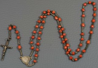 19th.  C Antique Natural Red Ox Blood Coral Beads Sterling Silver Crucifix Rosary 3