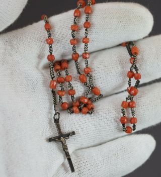 19th.  C Antique Natural Red Ox Blood Coral Beads Sterling Silver Crucifix Rosary 4