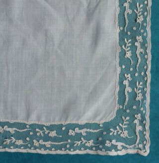 Antique 19th Century Muslin Applique Lace Edged Handkerchief