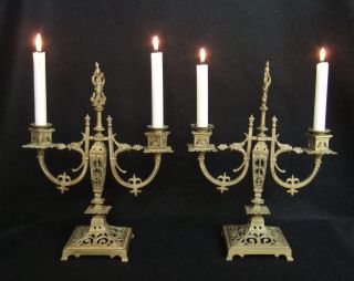 Pair Antique French Pierced Bronze Candlesticks,  Candelabra Circa 19th Century