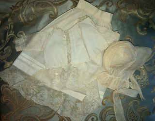 Antique Papier - MÂchÉ Doll Primitive Spun Cotton Lace 3 - Piece Dress Bonnet 