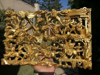 Big Antique Chinese Carved Gilt Gold Wood Panel Warriors On Horses Art Sculpture