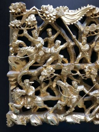 BIG Antique Chinese Carved Gilt Gold Wood Panel Warriors on Horses Art Sculpture 4