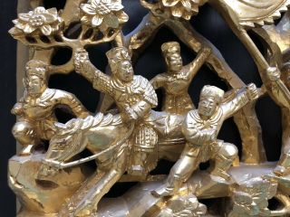 BIG Antique Chinese Carved Gilt Gold Wood Panel Warriors on Horses Art Sculpture 5