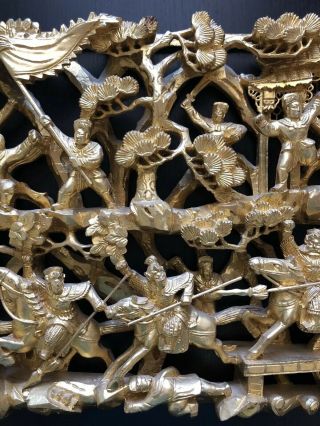 BIG Antique Chinese Carved Gilt Gold Wood Panel Warriors on Horses Art Sculpture 7