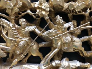 BIG Antique Chinese Carved Gilt Gold Wood Panel Warriors on Horses Art Sculpture 8