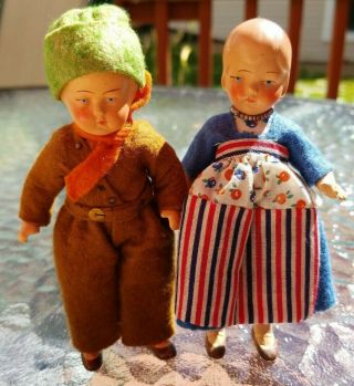 Antique German Bisque Miniature Girl & Boy Doll Orig Clothes Made Of Felt