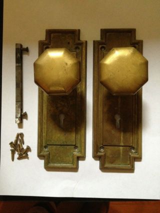 Antique Old Arts & Crafts Mission House Octagon Brass Door Knobs & Back Plates