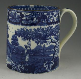 Antique Pottery Pearlware Blue Transfer Hornblower Pattern Mug / Tankard 1815