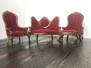 Vintage Concord Miniature Red Velvet Seatee/ 2 Chairs/ottoman/pre - Owned