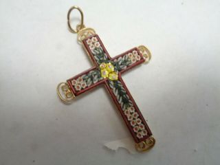 Vintage Antique Gold Micro Mosaic Glass Tile Flower Cross Pendant 2 " Long