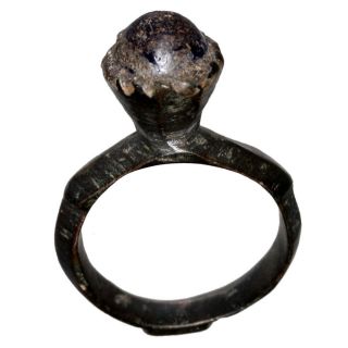 Museum Quality Late Roman Bronze Ring With Blue Stone Circa 400 - 450 Ad