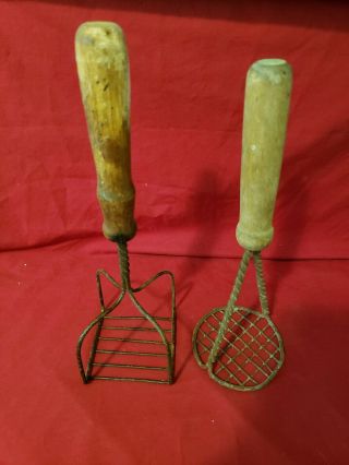 Vintage Antique Country Primitive 2 Twisted Wire Potato Mashers Wood Handles