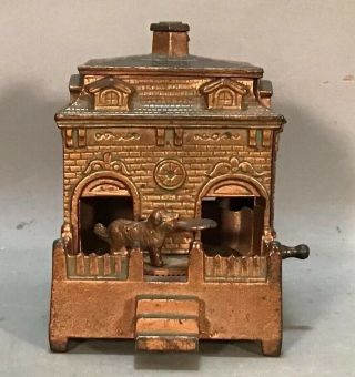 Ca.  1900 Antique Cast Iron Figural Dog In House Old H.  L.  Judd Mechanical Bank