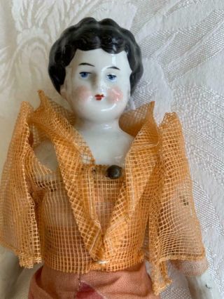 Antique 10 " German China Head Doll Sawdust Body Black Hair Blue Eyes Brown Heels