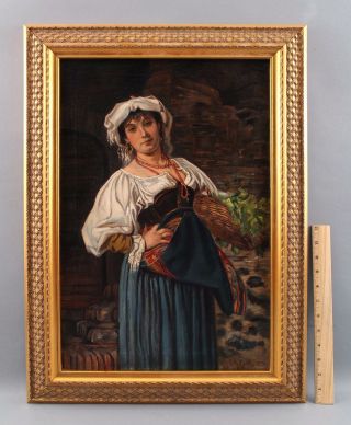 19thc Antique Gustav A.  Kuntz Italian Peasant Woman Genre Portrait Oil Painting