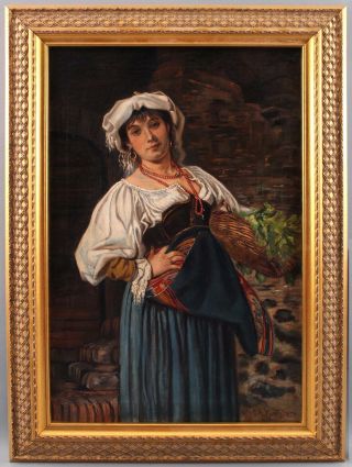 19thC Antique Gustav A.  Kuntz Italian Peasant Woman Genre Portrait Oil Painting 2