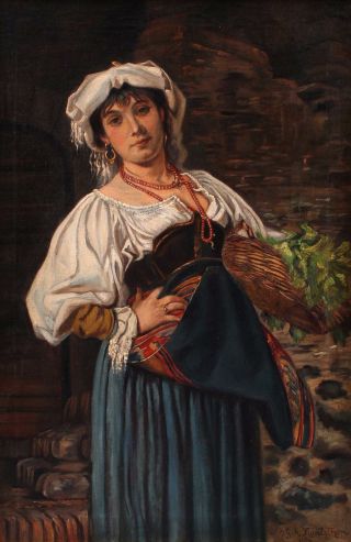 19thC Antique Gustav A.  Kuntz Italian Peasant Woman Genre Portrait Oil Painting 3