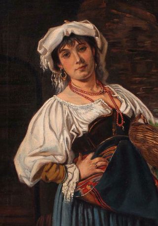 19thC Antique Gustav A.  Kuntz Italian Peasant Woman Genre Portrait Oil Painting 4